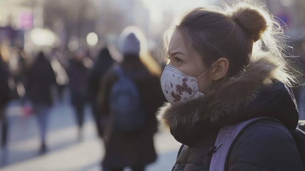 A young woman stands thoughtfully on a bustling city street surrounded by people wearing a floral patterned mask during the day.