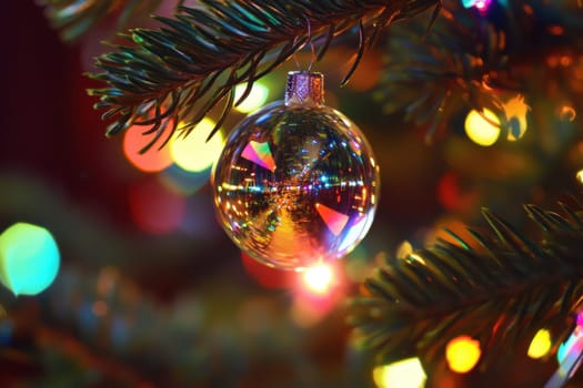 A beautifully crafted ornament hangs from a pine branch reflecting colorful lights in a cozy holiday setting.