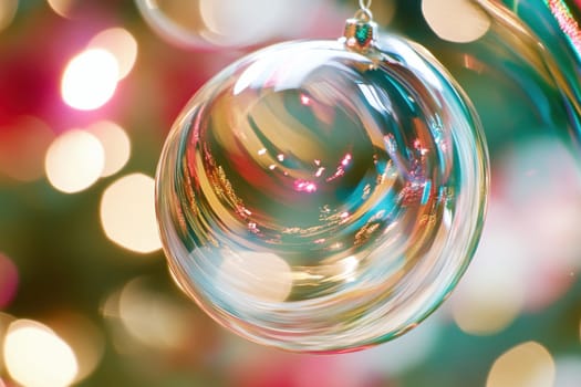 A clear Christmas ornament hangs from a tree reflecting colorful lights and creating a festive warm atmosphere during the holiday season.