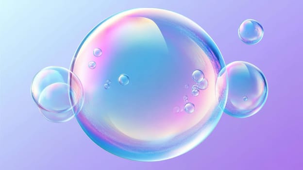 Large soap bubble reflects light in vibrant colors while smaller bubbles float nearby against a soft pastel background.