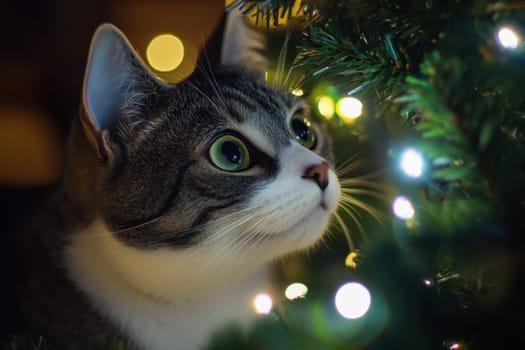 A playful cat examines a beautifully lit Christmas tree filled with colorful lights during a cozy evening at home.