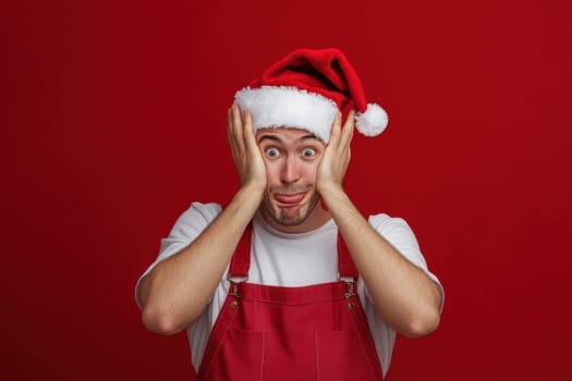 A man expresses surprise and humor while wearing a festive Christmas hat set against a vibrant red backdrop capturing the holiday spirit.