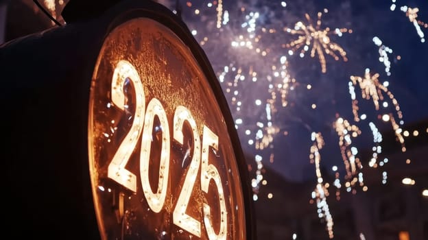 The year 2025 is illuminated by vibrant fireworks celebrating the arrival of the New Year. The festive atmosphere cheers onlookers.