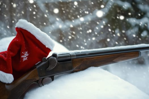 A rifle rests in the snow topped with a red Santa hat as snowflakes gently fall creating a wintry holiday atmosphere.