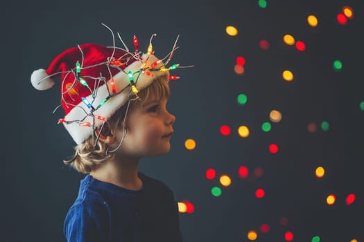 A young child wears a Santa hat adorned with colorful lights surrounded by a joyful holiday backdrop of twinkling lights.