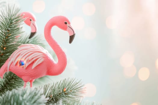 Colorful pink flamingos perched among the branches of a Christmas tree enhancing the holiday spirit with their playful design.