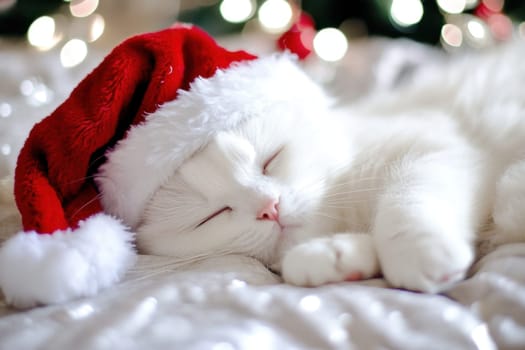 A fluffy white cat peacefully sleeps on a soft surface with a festive Santa hat. Holiday decorations twinkle in the background.