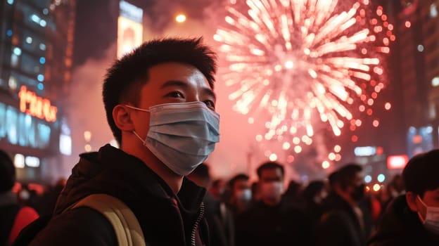 A young person wearing a mask enjoys a festive atmosphere as vibrant fireworks light up the night sky in a crowded urban location.