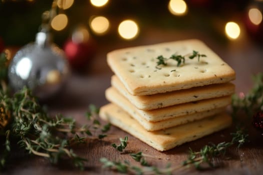A stack of herbed crackers is placed on a wooden surface surrounded by holiday decorations and soft lights creating a festive atmosphere.