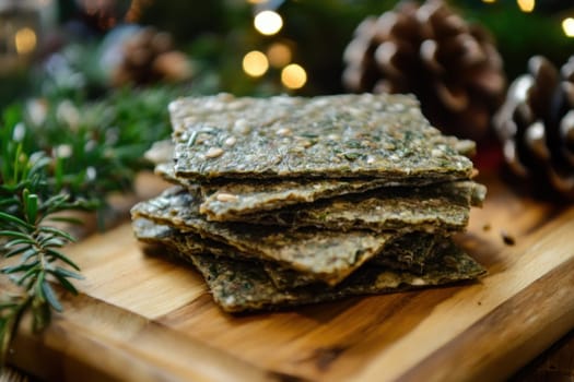 A stack of delicious herbal crackers rests on a wooden board surrounded by pine cones and greenery perfect for holiday snacking.