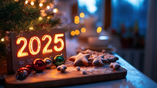 A cozy holiday setting features a glowing 2025 sign surrounded by Christmas cookies and colorful ornaments during the winter season.