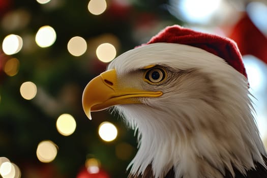 A bald eagle dons a festive Santa hat capturing the holiday spirit in front of a beautifully lit Christmas tree.