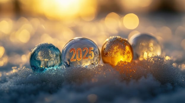 Glass spheres with the year 2025 are placed in snow as the sun sets creating a warm glowing atmosphere in winter.