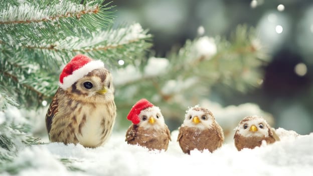 A family of small birds dressed in Santa hats gathers on the snow covered ground under evergreen branches during winter.