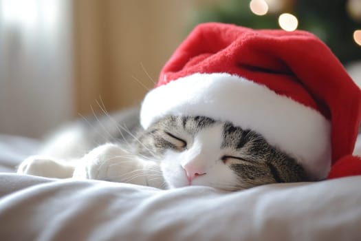 A sleeping cat rests comfortably on a soft surface sporting a festive Santa hat capturing the cozy holiday spirit during Christmas time.