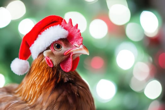 A chicken adorned with a Santa hat celebrates the holiday season set against a backdrop of colorful lights.