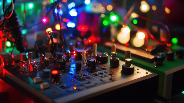 A vintage audio mixer surrounded by vibrant colorful lights creating a lively atmosphere perfect for music production at night.