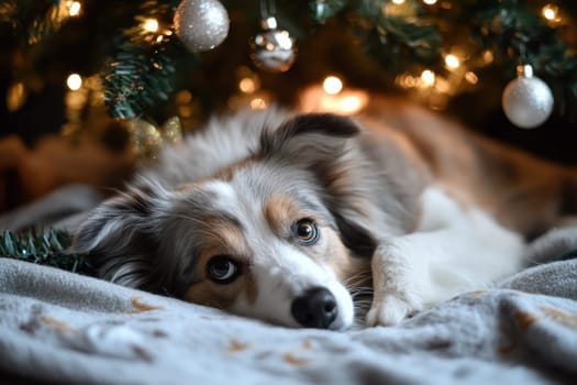 A dog relaxes peacefully beneath a Christmas tree adorned with lights and ornaments basking in the warm holiday atmosphere.