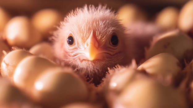 A newly hatched chick peeks out from a bed of eggs showcasing its delicate features and soft downy feathers in a cozy nest.