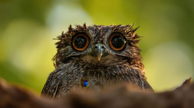 A curious owl gazes directly at the viewer surrounded by vibrant greenery in a tranquil forest environment.