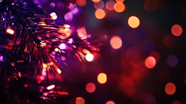 Bright lights illuminate the branches of a Christmas tree creating a magical atmosphere during the festive evening.