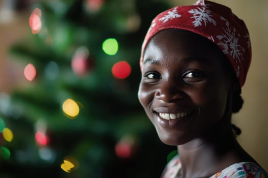 A young girl wearing a festive red headscarf smiles joyfully while standing near a decorated Christmas tree filled with lights.