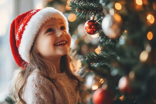 A young girl in a Santa hat smiles while adorning a Christmas tree with beautiful ornaments as festive lights twinkle around her.