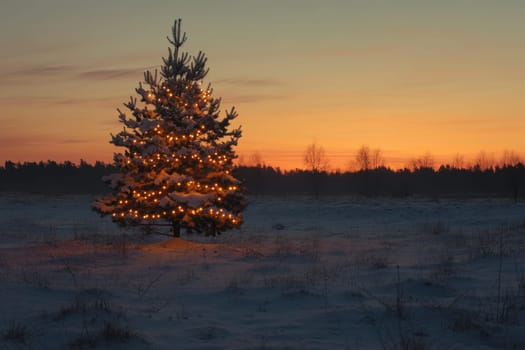 A beautifully lit Christmas tree stands alone in a snowy field during sunset casting a warm glow against the winter landscape.