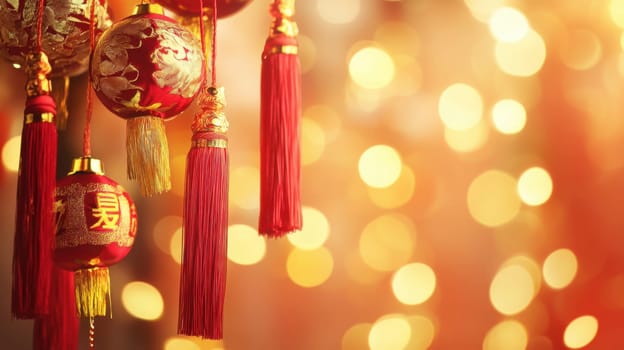 Red lanterns with tassels are beautifully arranged for a festive celebration glowing warmly in soft light during the evening.