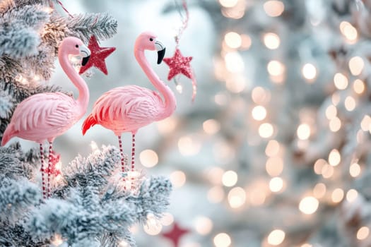 Colorful pink flamingos hang among frosted branches and twinkling lights creating a whimsical holiday atmosphere full of cheer.