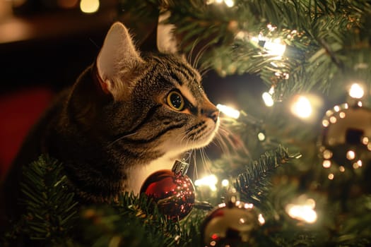 A curious cat inspects a beautifully lit Christmas tree adorned with ornaments and sparkling lights during the festive holiday season.
