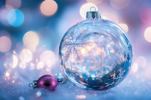 A delicate glass ornament with snowflake designs rests on a soft surface surrounded by vibrant twinkling lights that create a magical atmosphere.