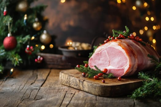 A beautifully presented holiday ham is decorated with vibrant berries and fresh evergreens on a rustic wooden surface creating a festive atmosphere.