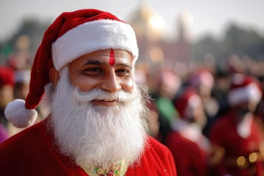 A joyful man dressed as Santa smiles warmly surrounded by a crowd in festive attire sharing in the holiday spirit during a celebration.