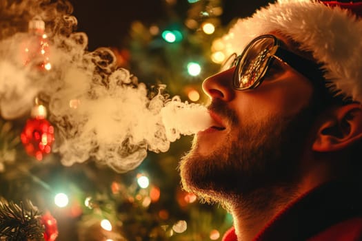 A man wearing a Santa hat exhales vapor while standing beside a beautifully decorated Christmas tree illuminated by colored lights.