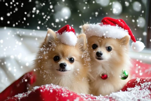 Two adorable Pomeranians wearing festive hats and collars enjoy a cozy winter scene with artificial snow and red blankets around them.