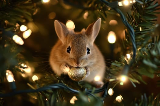 A small bunny explores a Christmas tree holding a golden ball surrounded by twinkling lights and festive decorations.