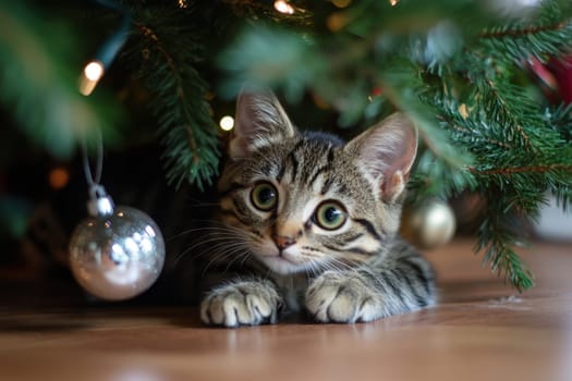 A playful kitten peeks out from below a Christmas tree adorned with decorations showcasing its curiosity and festive surroundings.