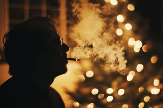 A man is seen in silhouette smoking while surrounded by glowing Christmas lights in a cozy setting.