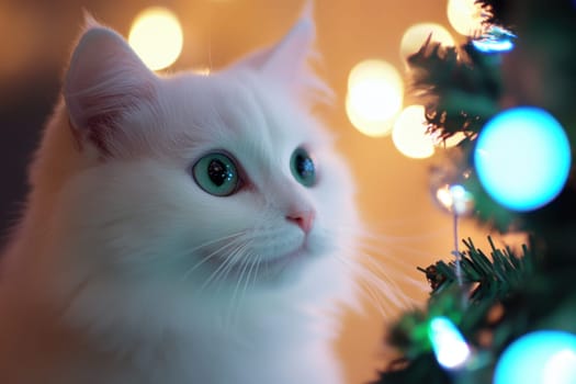 A white cat with striking green eyes watches colorful lights on a Christmas tree creating a warm and joyful atmosphere.