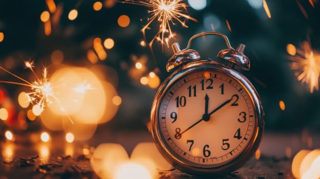 A vintage clock shows midnight while fireworks sparkle in the background capturing the essence of New Years Eve festivities.