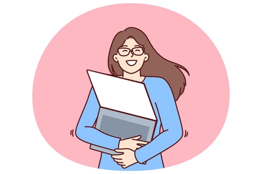 Geek woman with laptop hugs favorite gadget with blank screen rejoicing at opportunity to learn via internet. Young geek girl loves computers and is well versed in modern technologies.