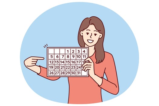Woman with calendar points finger at dates suggesting to do planning and time management to increase productivity. Girl with calendar for planning vacation or choosing convenient date for travel