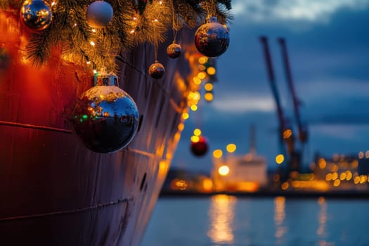A ship adorned with colorful holiday ornaments glows warmly as the sun sets over the waterfront creating a festive atmosphere.