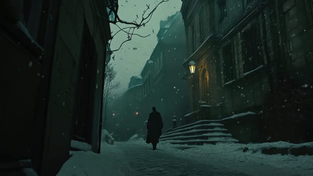 A figure walks alone down a snowy street illuminated by a lamp surrounded by historic buildings in the quiet night.