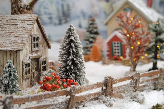 A quaint winter village features snowy houses surrounded by trees and decorative lights creating a cozy festive atmosphere.