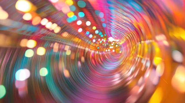 Bright swirling lights create a mesmerizing tunnel effect illustrating vibrant colors and dynamic patterns that evoke a sense of motion.