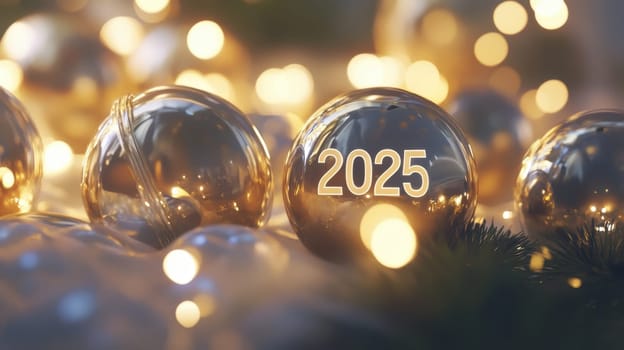 A close up of shimmering golden baubles with the year 2025 featured prominently surrounded by festive lights and greenery.