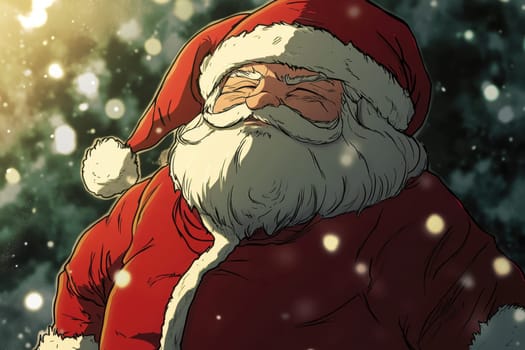 A cheerful Santa Claus wearing a classic red suit and hat stands in a winter setting smiling under falling snowflakes during the holiday season.