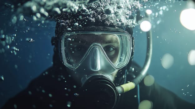 A diver is submerged in deep water surrounded by bubbles and dim light capturing the tranquil yet mysterious underwater world.